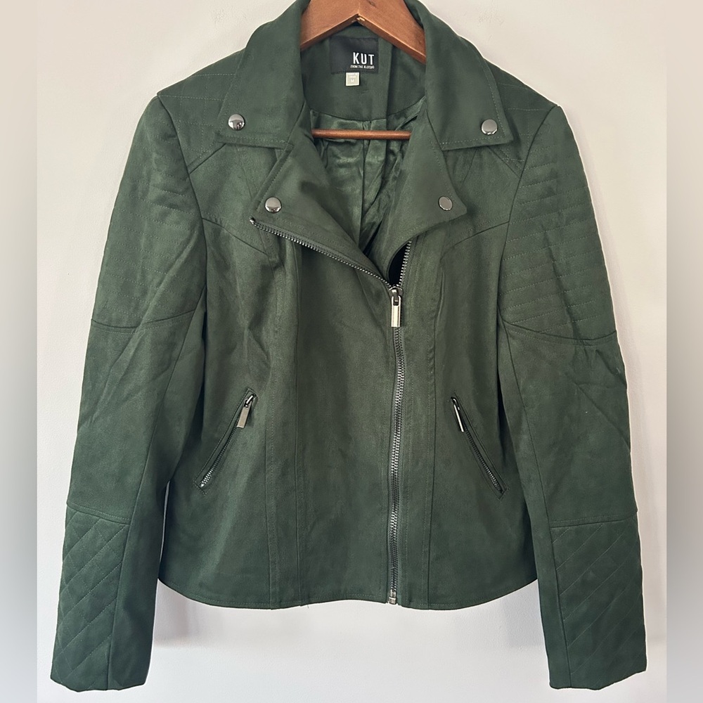 Kut from the Kloth Dark Green Faux Suede Moto Jacket | Size Medium | GUC
